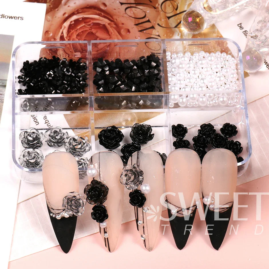 JazzHer 6 Grids Nail Charms Black Rose Camellia Decoration Mixed Acrylic Flower Pearl Jewelry DIY Winter Accessory Parts supplies LYS59