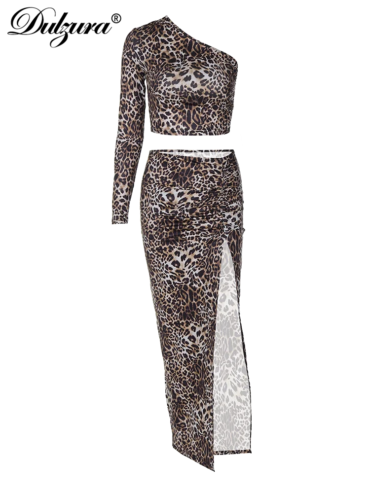 JazzHer 2024 Matching Suit Slant Collar Leopard Print Single Sleeve Crop Top Maxi Skirt Sexy Clothing Bodycon Clubwear