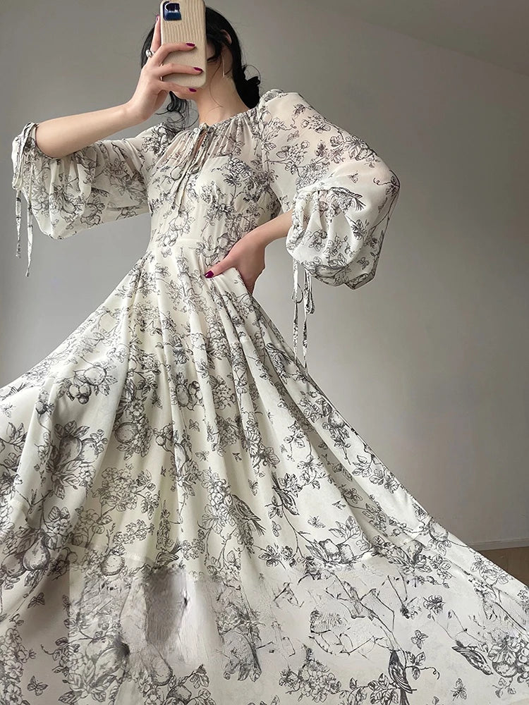 JazzHer French Elegant Floral Midi Dress Woman Evening Party 2024 Summer Beach Fairy Long Sleeve Sundress One Piece Dress Korean Fashion