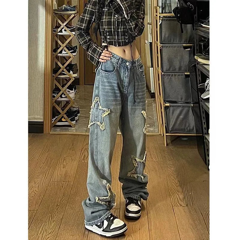 JazzHer 2023 American Retro Brown Five-Pointed Star Patch Jeans Women New Trend Hip-Hop Casual Joker Loose Wide-Leg Straight Mop Pants