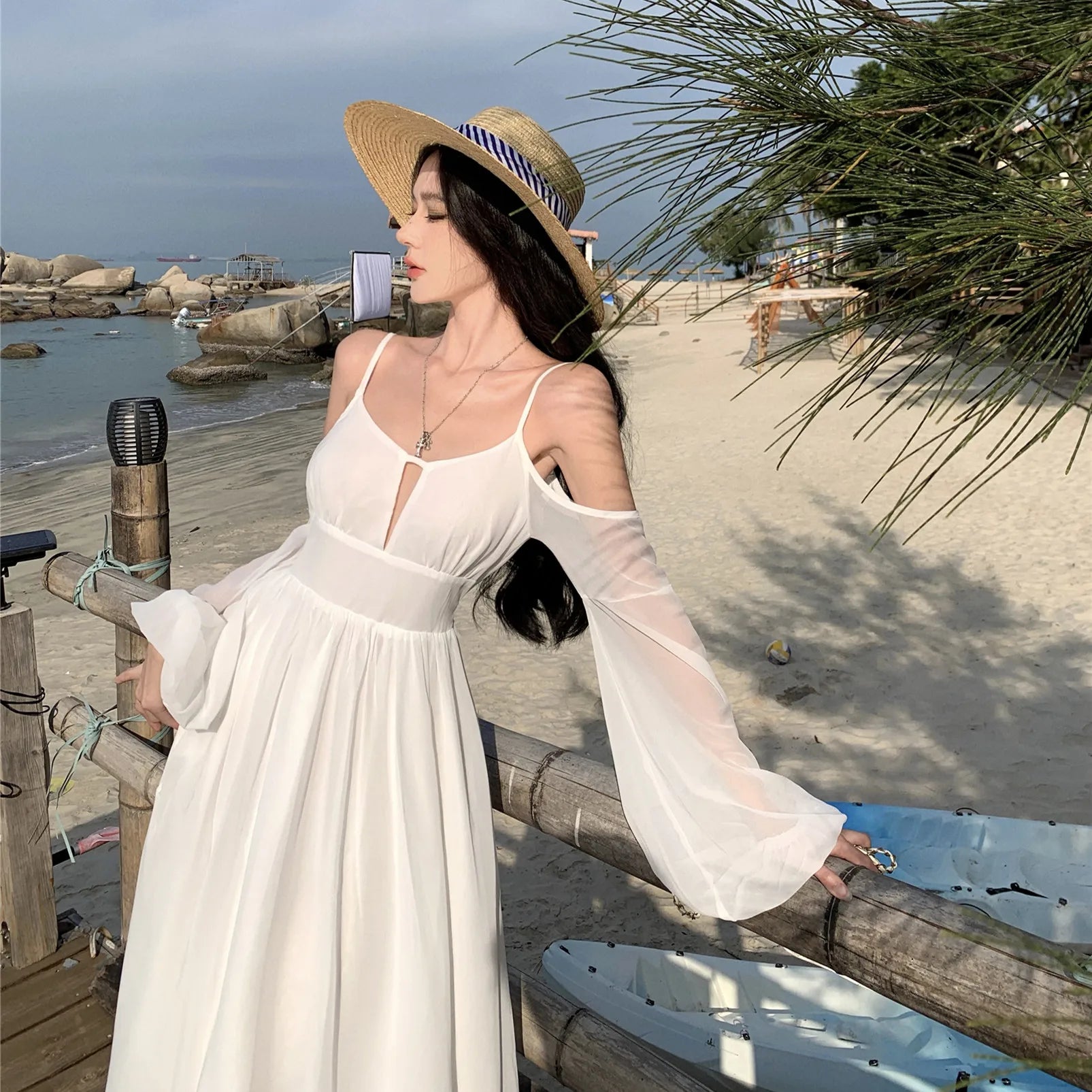 JazzHer Elegant White Holiday Beach Midi Dresses for Women Summer New Boho Fashion Long Sleeve Backless Chiffon Casual Female Clothing