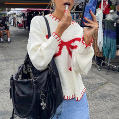 JazzHer Preppy Cute Y2K Aesthetic Grunge Knitwear Bowknot Patterm Loose Fit Knitted Sweater Autumn Winter O Neck Long Sleeve Pullovers