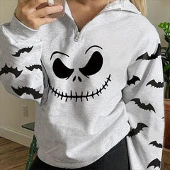 JazzHer Joskka Halloween Smiling Face Bat Print Women Sweatshirt Zipper Lapel Top Autumn Long Sleeve Fashion Casual Halloween Sweatshirt