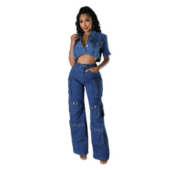 JazzHer Women Jeans High Waist Cargo Pants Zipper Fly Washing Loose Fit Denim Pockets Streetwear Ankle Length Solid 2024 Summer