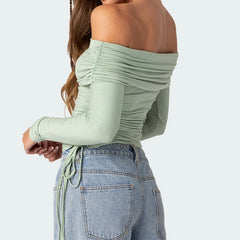 JazzHer 90s Vintage Backless Ruched Tie Up T-shirt Chic Women Drawstring Off Shoulder Crop Top Elegant Lady Long Sleeve Slim Fit Tees