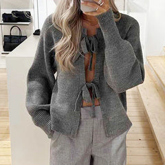 JazzHer Y2K Kawaii Tie Front Long Sleeve Sweater Coat Autumn Winter Knit Cardigan Women Fashion Loose Fit Knitwear Jackets Streetwear