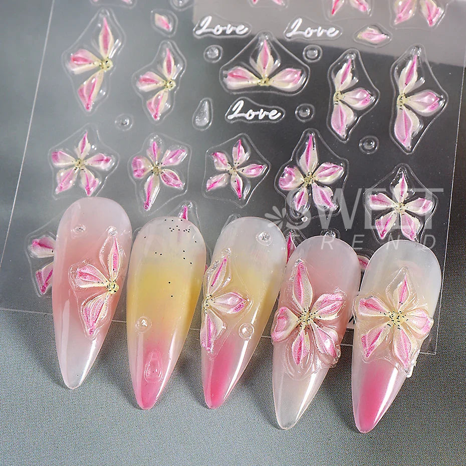 JazzHer 5D Nail Sticker Jelly Lily Flower Nail Art Decals Decorations Acrylic Adhesive Gel Sliders Stickers Summer Manicure Accessories