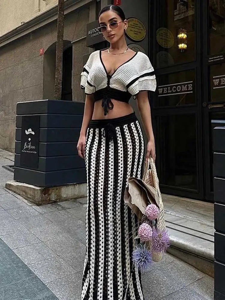 JazzHer Crochet Knit 2 Piece Sets for Women 2024 Summer Hollow Out Flare Sleeve Vacation High Waisted Maxi Skirt Sets Beach Dress A3135