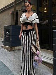 JazzHer Crochet Knit 2 Piece Sets for Women 2024 Summer Hollow Out Flare Sleeve Vacation High Waisted Maxi Skirt Sets Beach Dress A3135