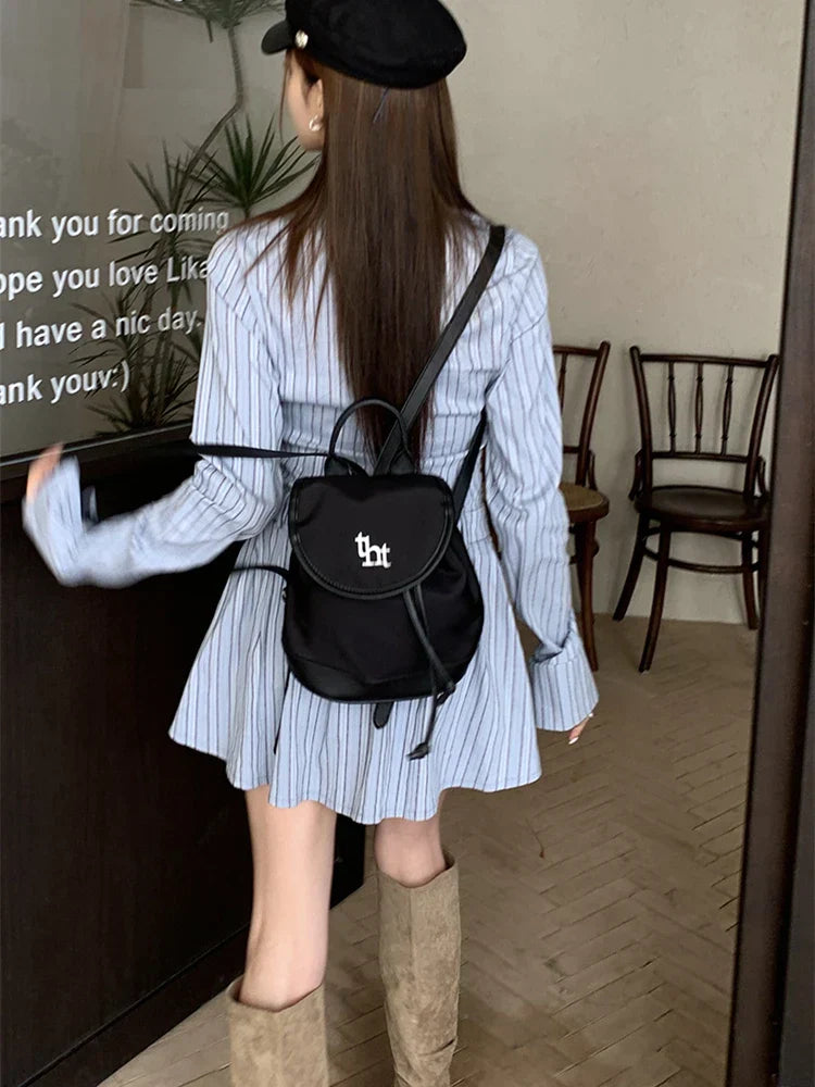 JazzHer-Elegant Vintage Blue Striped Women Mini Dresses Autumn Fashion 2024 New Pleated Long Sleeve Holiday Party Shirt Dress Korean