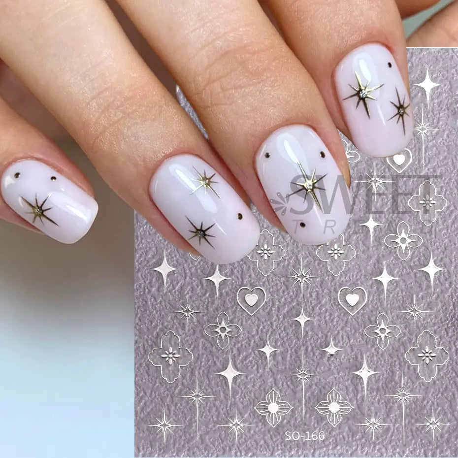 JazzHer Gold Silver Star Nail Art Sticker Self Adheisve Y2K Style Laser White Chrome Manicure Charms Gel Polish Decals Kawaii Accesories