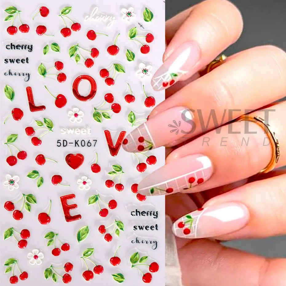 JazzHer Lemon Fruit Nail Stickers 5D Cherry Embossed Summer Strawberry Peach Watermelon Sliders DIY Acrylic Decals Manicure Decorations