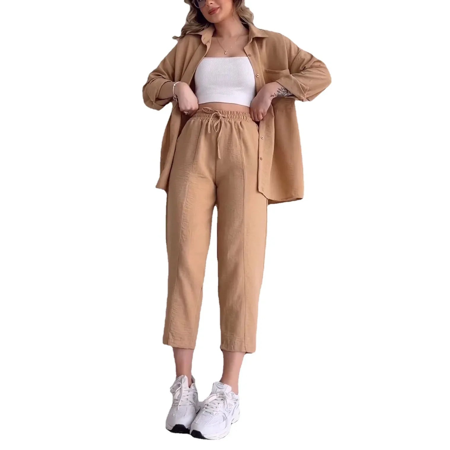 JazzHer Pant Sets Women Solid Two Pieces Set Long Sleeve Cropped Button Shirt Loose Wide Leg Trouser Work Sporty Suits Y2k Streetwear