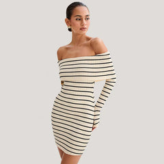 Black Friday JazzHer Beach Vacation Strapless Striped Long Sleeve Knitwear Dresses One-Shoulder Female Slim Fit Casual Short Dresses Summer