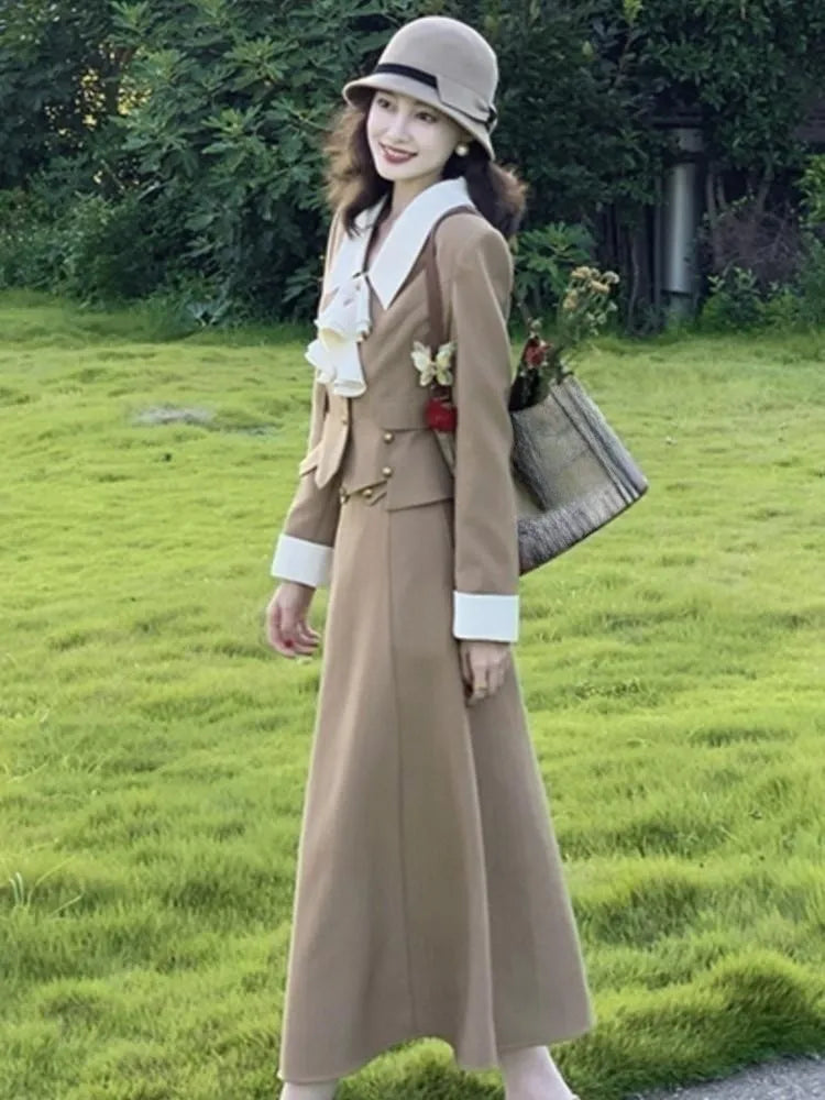 JazzHer French Women Autumn 2 Pieces Set Elegant Long Sleeve Blazer Bow Top Casual A-line Midi Skirt 2024 Spring Solid Lady Clothes