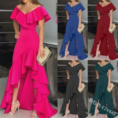 JazzHer Evening Dresses Sexy V Neck Elegant Party Irregular Solid Color Hem Ruffle Women Maxi Dress Short Sleeve Floor Length Vestidos