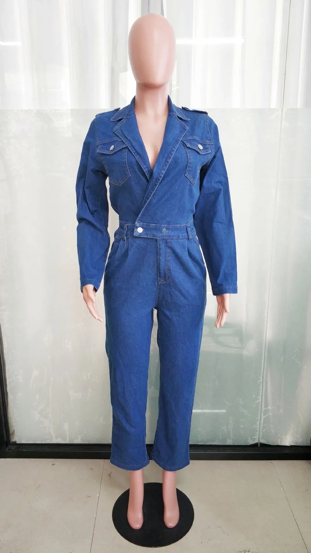 JazzHer Vintage One Pieces Jeans Stretch Jumpsuit Women Turn Down Collar Denim Casual Romper Overalls Streetwear Female Jumpsuits