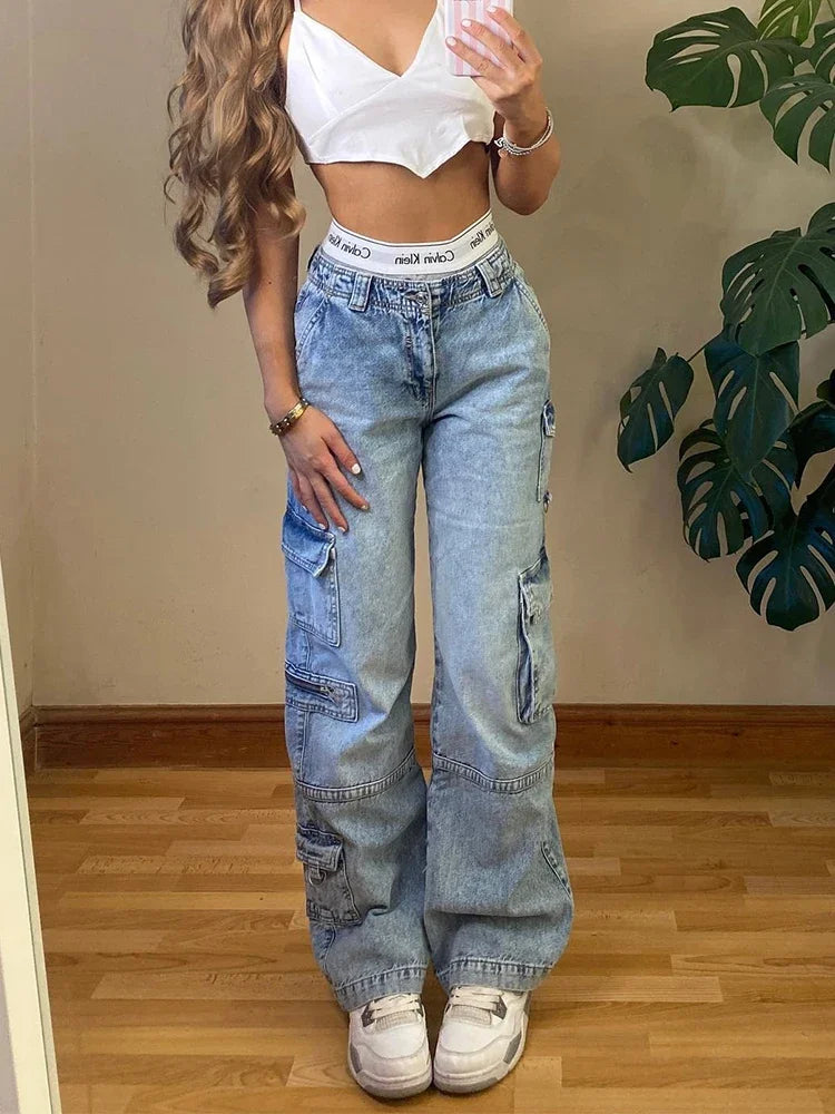 JazzHer-American Vintage Women Cargo Pants Low Waist Straight Fake Zippers Multis Pockets Baggy Jeans Y2K Blue Aesthetic Old Trousers