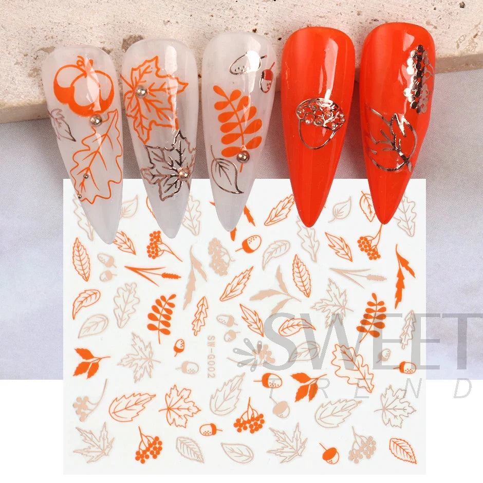 JazzHer Autumn Leaves Nail Art Stickers Laser Rose Gold Fall Maple Decoration Decals Simple Design DIY Manicure Adhesive Foil Tips LYSWG