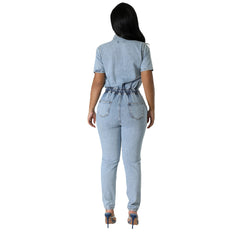 JazzHer Bleached One Piece Denim Women Overalls Ankle Length Pencil Jean Pants Solid Spliced Jeans Pockets Casual Skinny Washed