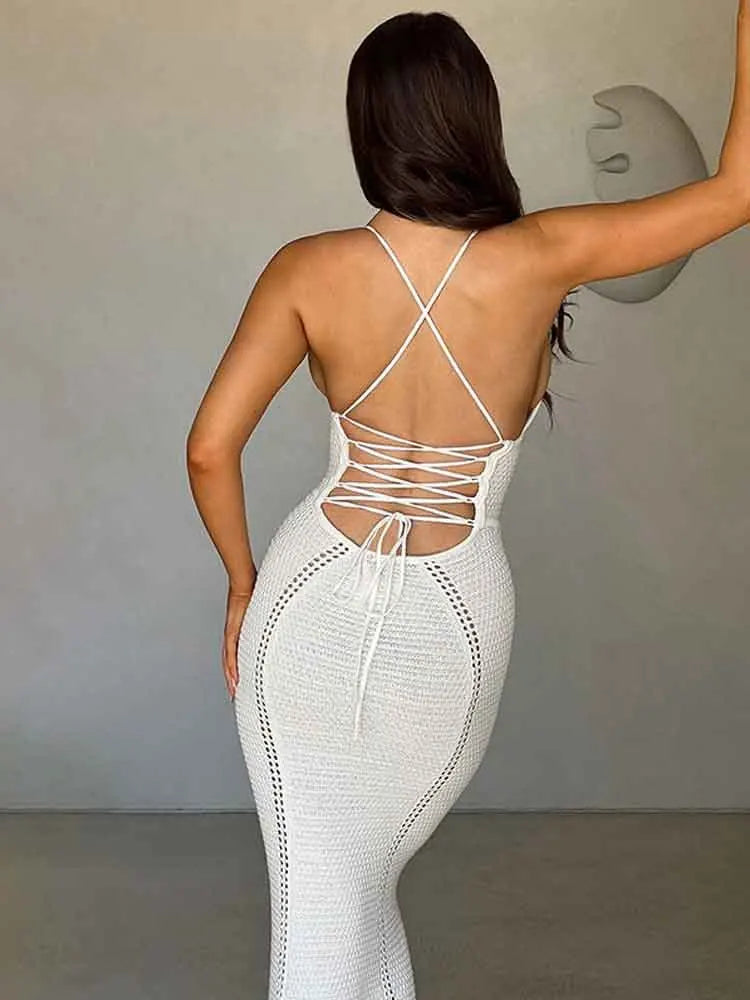 JazzHer White Knitting Halter Backless Holiday Casual Dress Women Elegant Sexy Dress Bodycon Maxi Long Summer Dress Vestidos