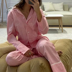 JazzHer Women Lounge 2 Piece Set Home Sleepwear Plaid Pajamas Set Vintage Button Up Blouse Long Sleeve T-shirt Tops + Wide Leg Pants