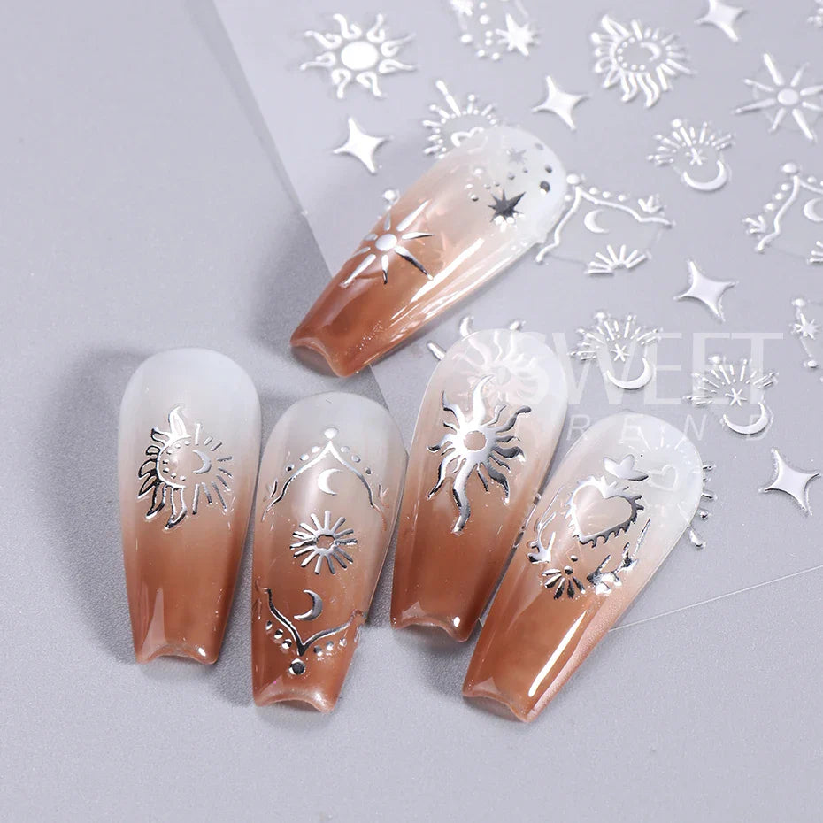 JazzHer 3D Bronzing Sun Star Nails Stickers Golden Silver Y2K Strip Line Nail Art Design Self Adhesive Decal Sliders Manicure Decoration