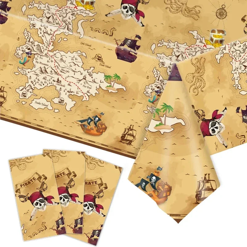 JazzHer Pirate Theme Disposable Tableware Treasure Map Ship Paper Plate Cup Tablecloth Kids Boy Pirate Birthday Party Decoration Supply