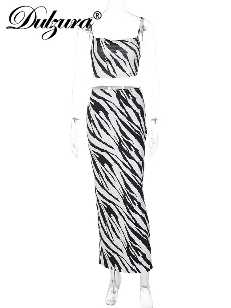 JazzHer Women Sexy Ribbed Y2K Clothes Zebra Print 2 Pieces Sleeveless Backless Crop Tops Bodycon Maxi Skirt Matching Set Club