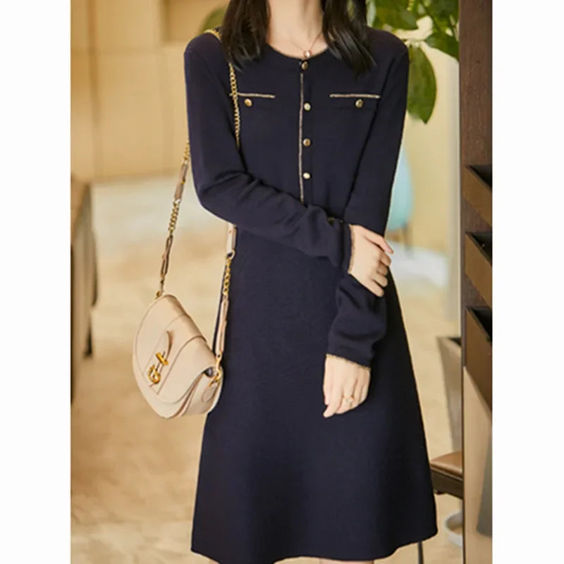 JazzHer Slim Party Dresses Elegant Button Vestidos Long Sleeve Round Neck Women Autumn High Waisted Small Fragrant Dress Office Lady