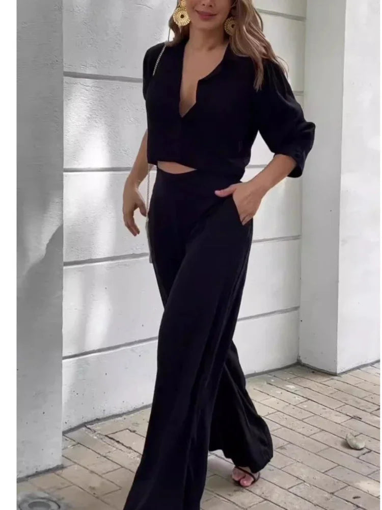 JazzHer Women Tracksuit Two Pieces Set Long Sleeve V Neck Pullover Solid Color Wide Leg Pants Zipper Fly Button Office Lady Outfits 2024