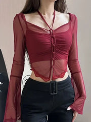 JazzHer Red Basic 2 Piece Set Woman Slim Casual Blouse Office Lady Outfit Sexy Y2k Crop Tops Korean Fashion Clothing Chic 2024 Summer