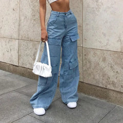 JazzHer Women Jeans Wide Leg Pants Cargo Denim Ankle Length Mid Waist Washing Zipper Loose Slight Strech High Street Solid Pockets