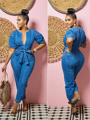 JazzHer Sexy Denim Jumpsuit for Women Lace-up Pencil Pant Jeans Short Sleeve Sashes Long Rompers Playsuits One Piece Overalls Outfits