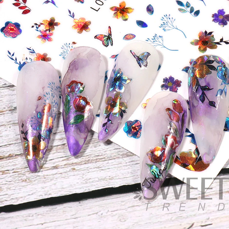 JazzHer Spring Holographic Leaves Nail Manicure Stickers 3D Laser Flowers Butterfly Geometry Adhesive Sliders Gel Polish Decor Foils LYL