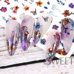 JazzHer Spring Holographic Leaves Nail Manicure Stickers 3D Laser Flowers Butterfly Geometry Adhesive Sliders Gel Polish Decor Foils LYL