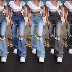 JazzHer Hole Flare Pants Jean Women Fit Vintage Pockets High Waist Zipper Button Basics Denims Wide Leg Trousers 2024 Casual Jeans