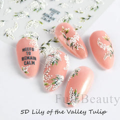 JazzHer 5D Acrylic Lily of the Valley Tulip Nail Decals Summer Flower Leaves Dreamcatcher Design Textured Sticker For Manicure LY5D-K162