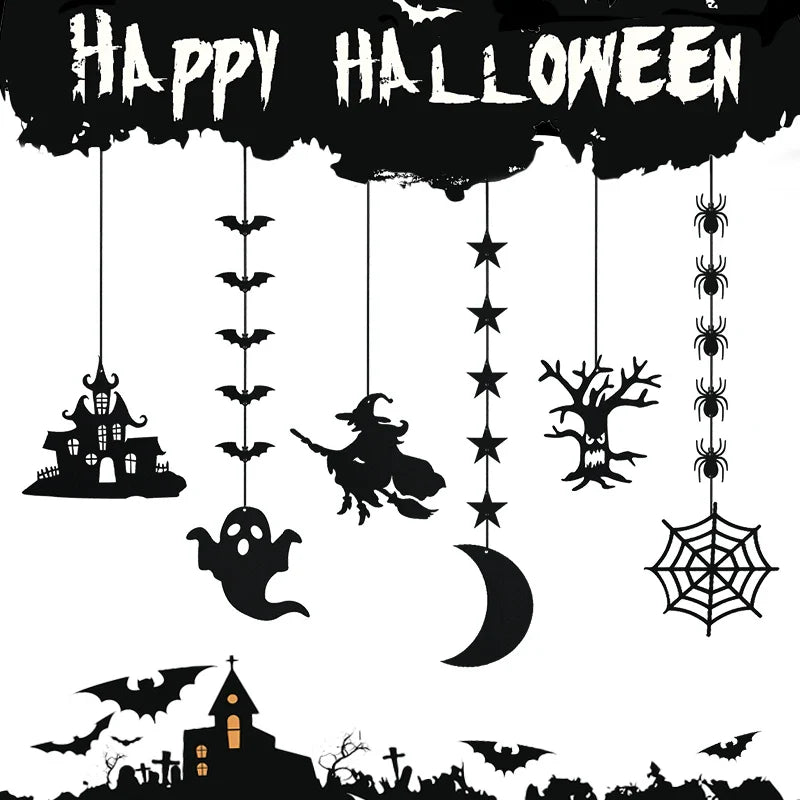 JazzHer 6pcs Halloween Hanging Banner Garland Scary Spider Witch Ghost Bat Pendant Ornament Happy Halloween Party Decorations for Home