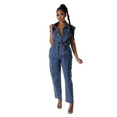 JazzHer Vintage Denim Overalls Jumpsuits Rompers Women Pockets Lace Up Casual One Pieces Jeans Straight Pants Streetwear Bodysuit