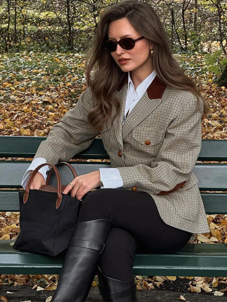 JazzHer Flip Collar Checkered Single Breasted Casual Suit Jacket For Women Retro Contrast Pocket Long Sleeve Coat New Autumn Streetwear