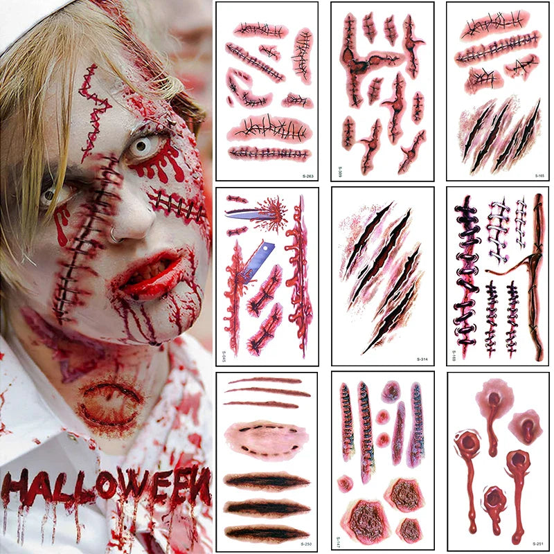 JazzHer 10pcs Halloween Tattoo Sticker Horror Bloody Wound Zombie Scar Waterproof Temporary Tattoos DIY Party Body Art Makeup Kids Adult