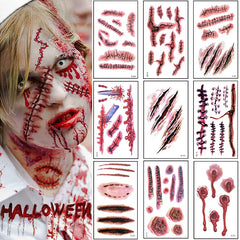 JazzHer 10pcs Halloween Tattoo Sticker Horror Bloody Wound Zombie Scar Waterproof Temporary Tattoos DIY Party Body Art Makeup Kids Adult