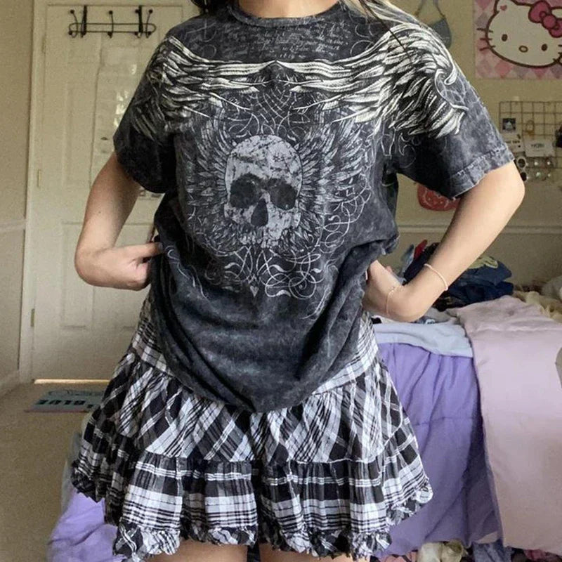 JazzHer 2000s Retro Dark Academia T Shirt Y2K Skulls Wings Graphic Print Tops Summer Short Sleeve Harajuku Tees Mall Goth Clothes