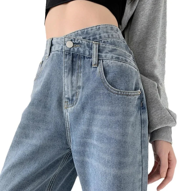 JazzHer Wide Leg Pants Women Vintage Jeans High Waist Loose Fit Basics Full Length Pockets Button 2024 Casual Denims Straight Trousers