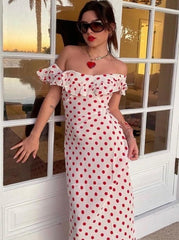 JazzHer-2024 Polka Dot Ruffles Bandage Maxi Dress Women Off Shoulder Slim Elegant Party Dress Summer Beach Holiday Sundresses