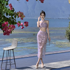 JazzHer-2024 New Summer Purple Sequin Set for Women Sexy Split Half-body Dress Beach Holiday Casual Elegant 2 Pieces Female Clothing