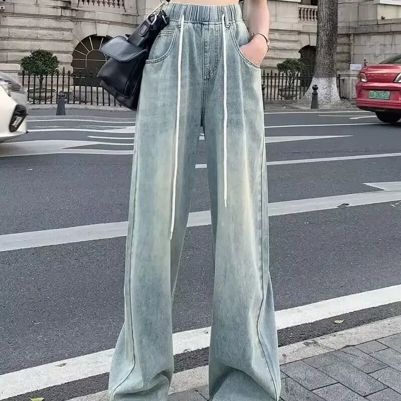 JazzHer Vintage Drawstring Jeans Women Straight Wide Leg Pants High Waist Pockets Full Length Trousers 2024 Female Denims Streetwear