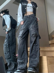 JazzHer New Multi-pocket High Street American Tooling Wide-leg Jeans Female Y2K Street Punk Style Loose Street Brand Washing Old Pants