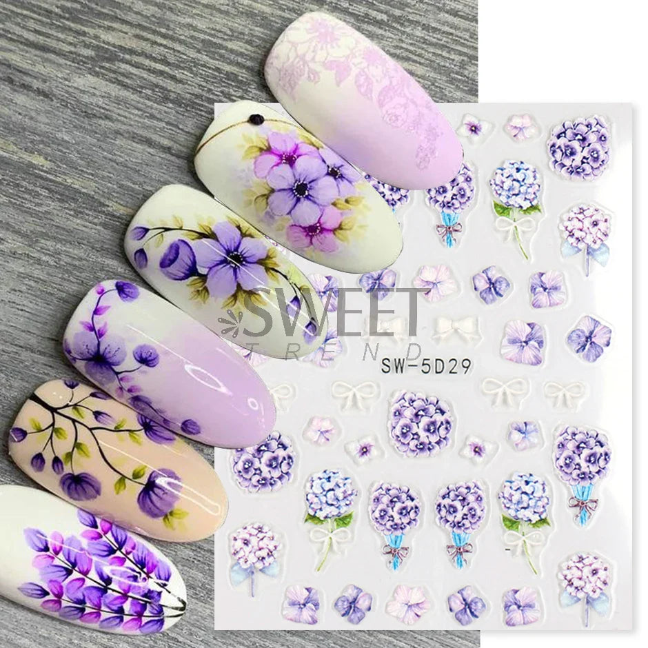 JazzHer Spring Purple Hydrangea Flowers Nail Embossed Stickers Lavender Leaves Design Adhesive Sliders Decoration Manicure Foils LYSW-5D